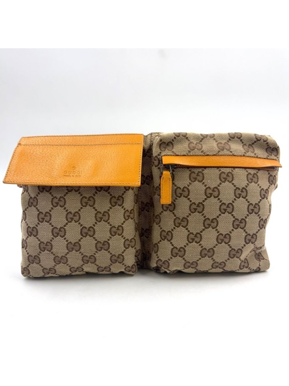 Gucci GG Canvas Waist Pouch Leather Yellow Brown Belt Bag Silver
